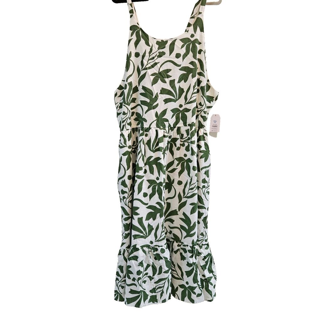 NWT Time & Tru Tie Back Maxi Dress Women Sz XXXL (22) Green White Lined Tropical